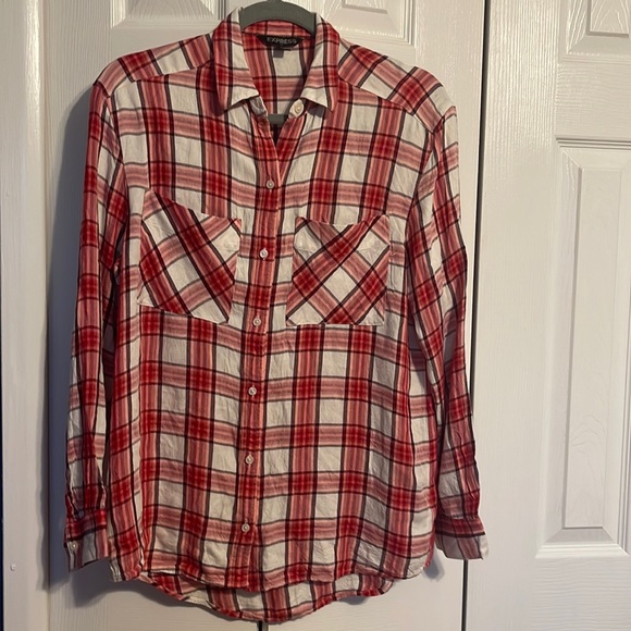 Express Tops - Express long sleeve button down red and white flannel high low shirt size XS